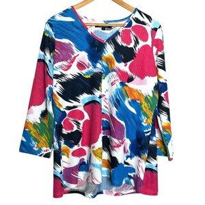 🩷 Calessa Women Large Art to wear Colorful 3/4 Sleeves Shirt Multicolor V Neck